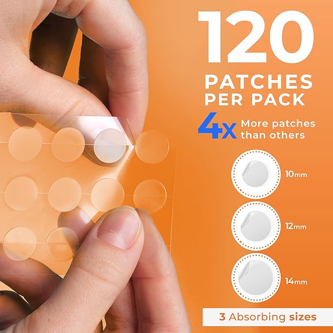 Acne Patches (120 Count) with Tea Tree Oil, Hydrocolloid Pimple Patches for Face - Zit Patch Acne Dots - Pimple Patch with 3 Size Acne Stickers