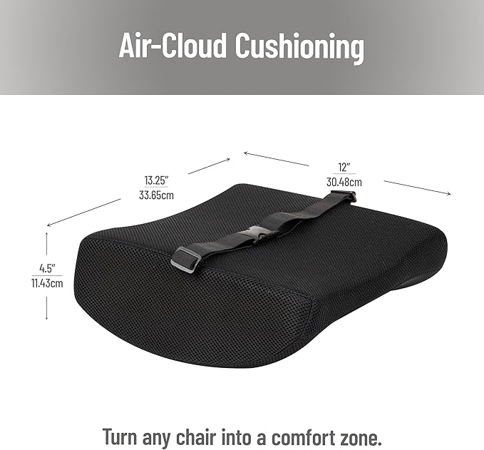Mind Reader Lumbar Support Pillow with Air-Cloud Technology, Office Chair Back Cushion, Memory Foam, Black