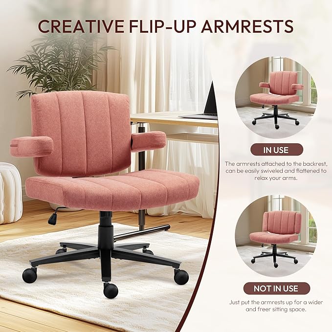 Pink Criss Cross Office Chair with Wheels, Ergonomic Wide Seat Vanity & Dressing Table Chair, Adjustable Arms Swivel Rolling Desk Chair for Women, Comfortable Cross-Legged Support