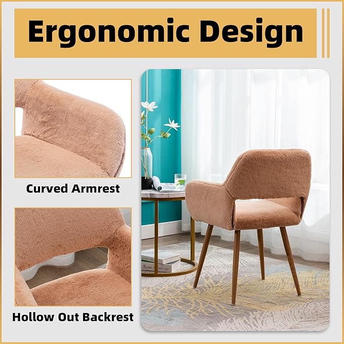 Furry Home Office Desk Chair, Faux Fur Vanity Chair with Hollow-Out Backrest, Comfy Armchair Wood Frame with Strudy Metal Legs, Camel