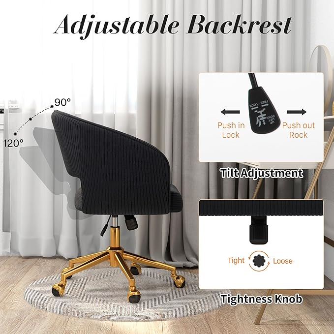 Home Office Swivel Desk Chair, Modern Corduroy Vanity Chair, Height Adjustable Armchair with Gold Base, Ergonomic Office Chair for Task Study Computer Room, Black