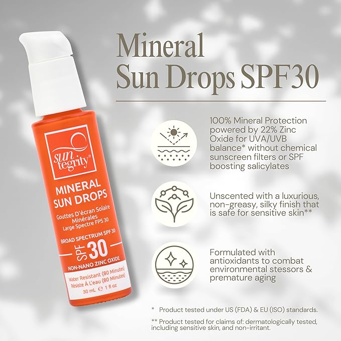 Suntegrity Mineral Sun Drops SPF 30 | Broad Spectrum Zinc Oxide Sunscreen for Face | Vegan, Reef-Safe, Non-Greasy Daily Sun Protection | Fragrance-Free, Lightweight Formula