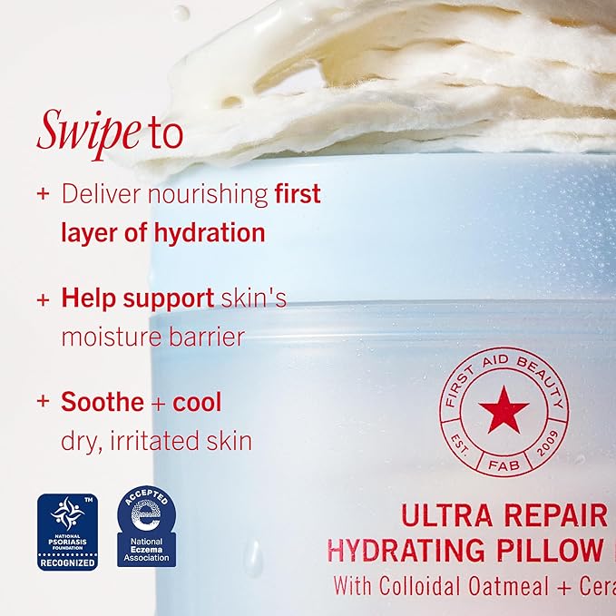 First Aid Beauty Ultra Repair Hydrating Pillow Pads - Soothing & Hydrating Face Pads with Colloidal Oatmeal & Ceramides, for Dry & Sensitive Skin, 60-Count