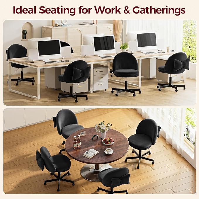 GTPLAYER Velvet Tall Office Chair with Wheels Vanity Chairs with Back, Versatile Height Use: Office to Bar Stools Small Ergonomic Comfy Armlees Computer Desk Chair with Bow Lumbar Pillow for Gift