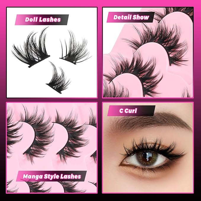 Veleasha Lashes Manga Eyelashes Cat Eye Lashes Crisscross Fake Lash Natural Look Wispy False Eyelashes DIY Spiky Lash Anime Look with Soft Cotton Band 100% Handmade 7 Pairs Pack (Mermaid)