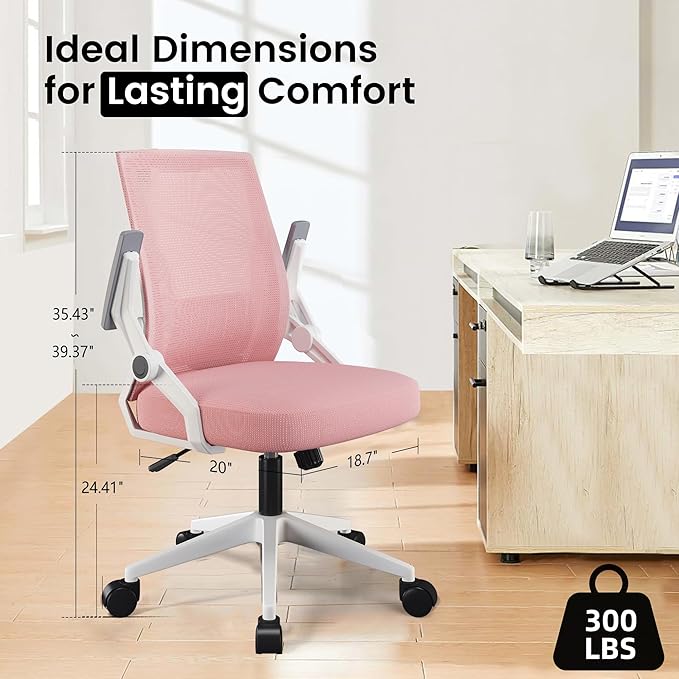 GTPOFFICE Ergonomic Office Chair, Computer Desk Chair Comfy with Adjustable Lumbar Support, Mid-Back Mesh Office Chair with Flip-up Armrest, Tilt Function Task Chair for Home, Bedroom, Gaming, Pink