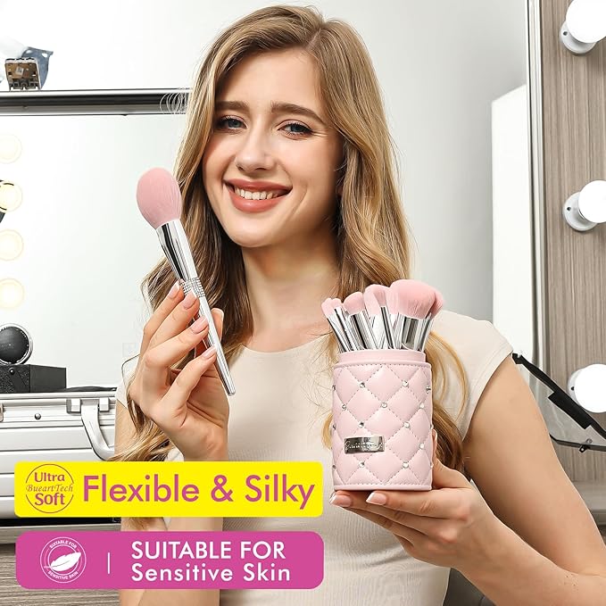 Bueart Design Elegant pink Ultra soft labeled Makeup Brushes Sets with Brush Holder makeup brush set with Foundation Powder blush blending contour Brush (15Pcs Silver Pink+Holder)
