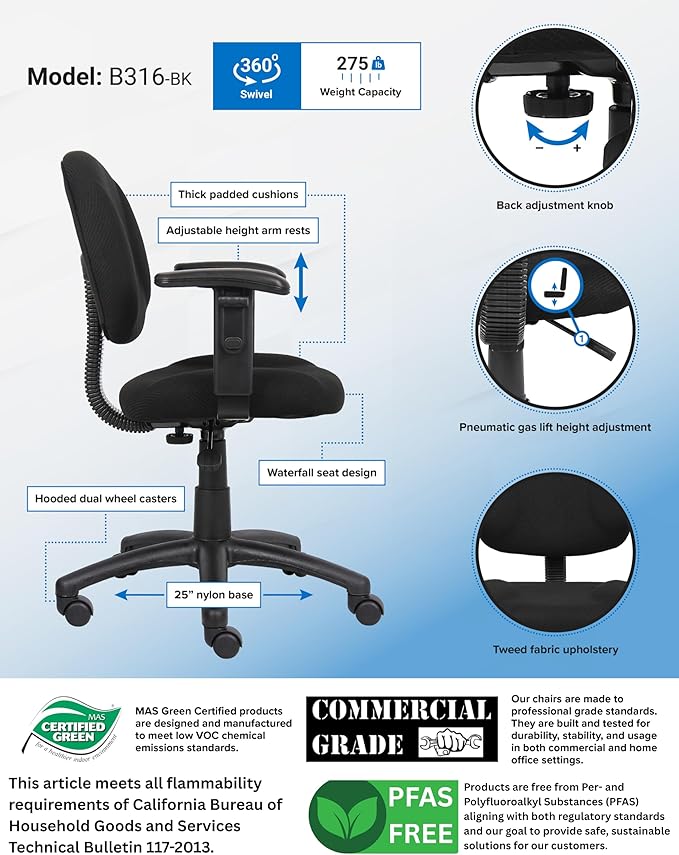 Boss Office Products B316-BK Perfect Posture Delux Fabric Task Chair with Adjustable Arms in Black, Low-Back