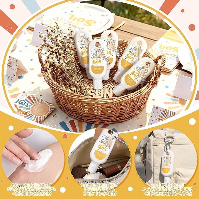 Leelosp 30 Pcs Here Comes The Son Baby Shower Mini Sunscreen with Carabiner Bulk Travel Size 1 Fl. Oz. SPF 30 Water Resistant Mini Lotion Boho Retro Baby Boy Shower Favors Birthday Party Supplies