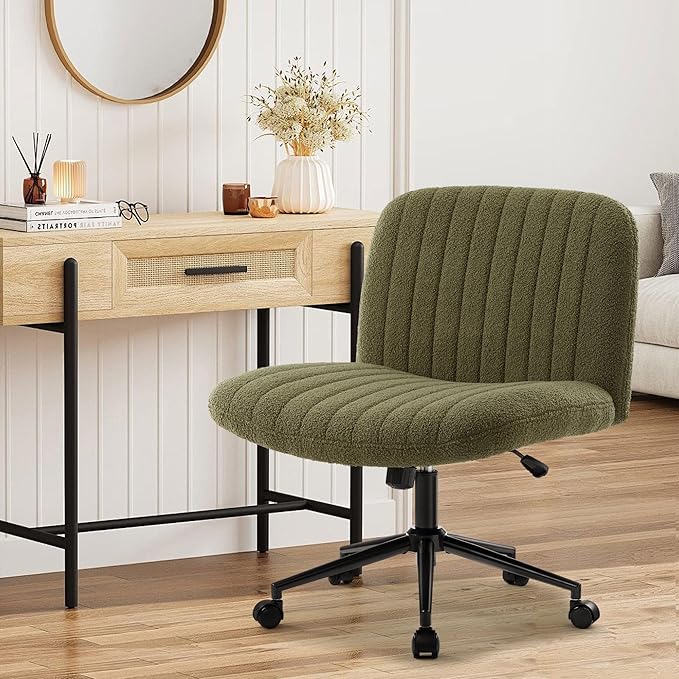 IWMH Criss Cross Chair Cross Legged Office Chair with Wheels Armless Wide Seat Desk Chairs Height Adjustable Computer Task Chairs Swivel Vanity Chair for Home Office Bedroom Make Up Small Space Green