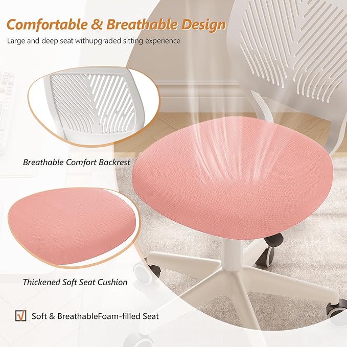 Armless Desk Chair Swivel Office Rolling Chair with Soft Padded Cushion, Height Adjustable Small Task Chair, Ergonomic Study Computer Chair for Kids Girls Boys Teens (Pink, 1PC)