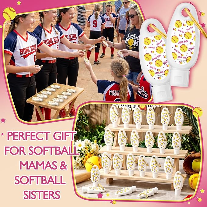 Leelosp 24 Pcs Softball Bulk Mini Sunscreen with Carabiner Bulk Travel Size 1oz Spf 30+ Sport Party Favor Water-resistant Sunscreen Keychain Bottle Softball Team Gift for Girls Friends Party Supplies
