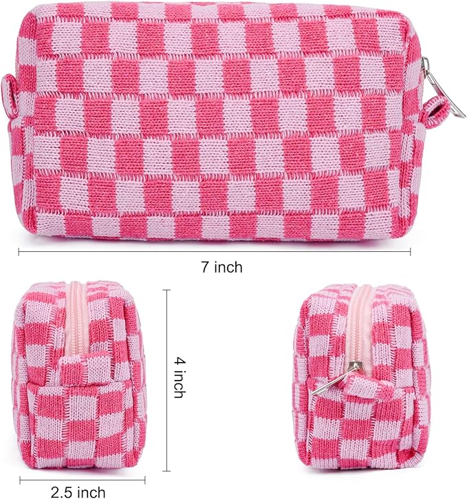 SOIDRAM 2 Pieces Makeup Bag Pouch Checkered Cosmetic Bag Pink Green, Travel Toiletry Bag Organizer Cute Makeup Brushes Storage Bag for Women