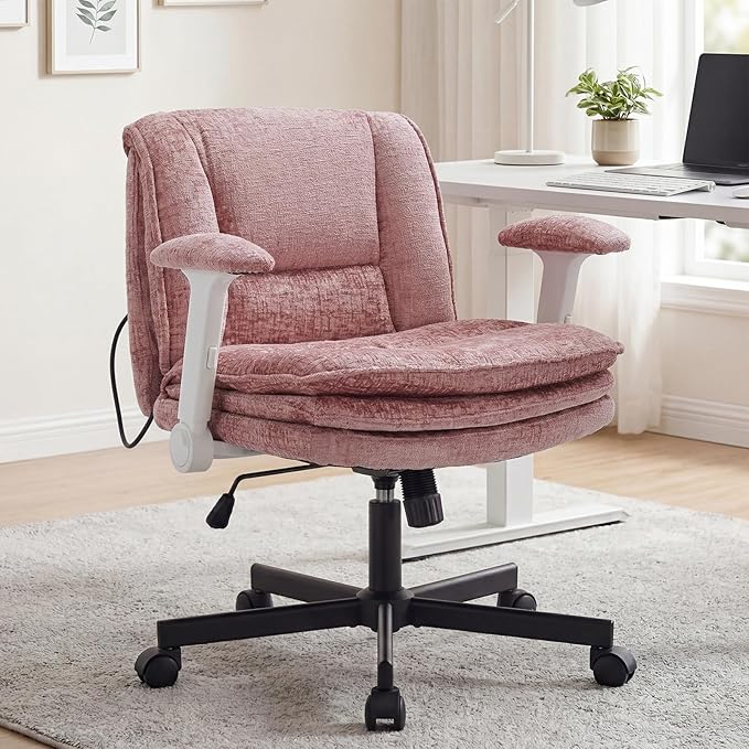 Criss Cross Chair with Wheels and Flip Arms, Upholstered Cross Legged Office Chair with 3 Layer Cushions&Dynamic Airbag Lumbar Support, Wide Seat Comfy Desk Chair for Home Office, Living Room, Pink