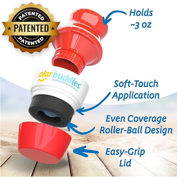 Solar Buddies Grab & Go Travel Bundle, Carabina Clip & Cleaning Brush - Single Full Red - Refillable Roll on Sponge Sunscreen, Suncream & Lotion Applicator For Kids, Adults & Families - Holds 100ml