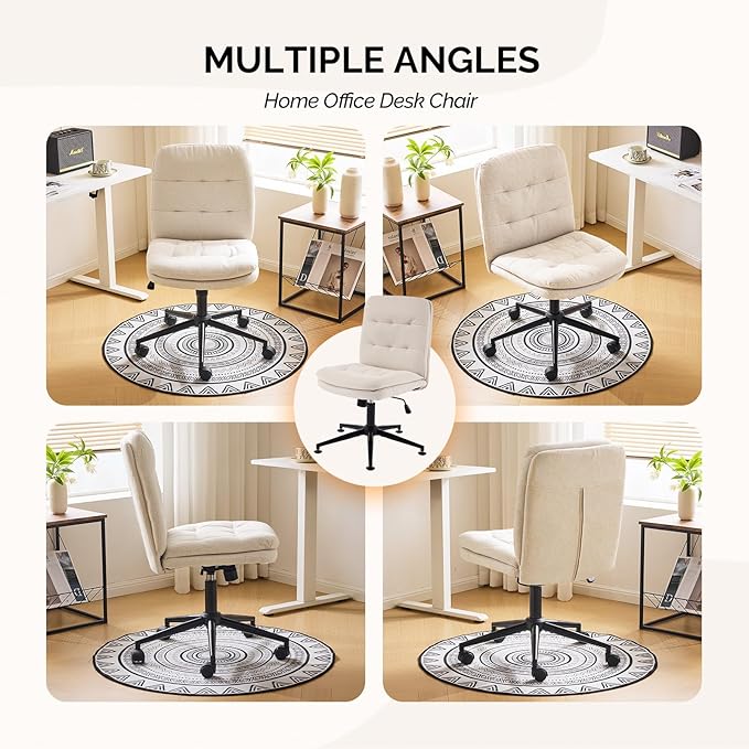 VINGLI Mid Back Armless Office Desk Chair with Wheels/no Wheels,360°Rocking Swivel Vanity Chair with Thickened Cushion,Adjustable Height Rolling for Reading Room, Make up,Linen Beige