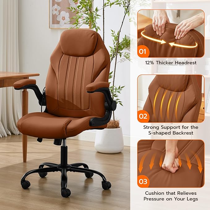 Office Desk Chair, Ergonomic Computer Chair with Padded Flip-Up Arms and Adjustable Lumbar Support, PU Leather Executive Chair with Tilt Lock and 360° Swivel Rolling Wheels for Work, Study