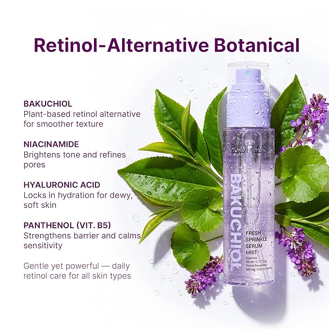 AURAS Activated Bakuchiol Serum Mist (0.1% / 1,000 ppm), Fresh-Mixed Retinol Alternative Spray Serum for Sensitive Skin • Pore Tightening • Elasticity Korean Skincare 3.4 fl oz