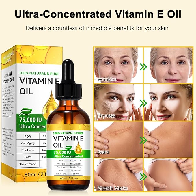 Essential Vitamin E Oil for Skin,Face,75000 IU Pure Vitamin E Body Oil for Women Girls 4 Oz
