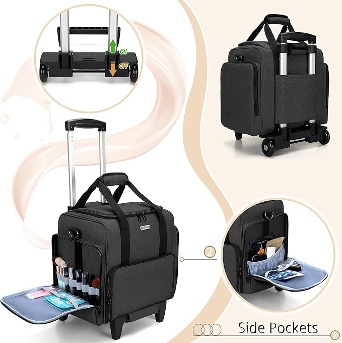 BAFASO Rolling Makeup Case with 3 Removable Pouches and 1 Makeup Brush Bag, Professional Makeup Train Case Cosmetic Bag with Detachable Dolly (Patented), Black