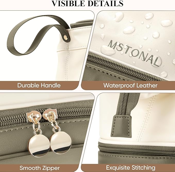 Travel Makeup Bag, Large Capacity Double Layer Cosmetic Bags for Women, Waterproof Portable Make Up Skincare Pouch with Makeup Brush Organizer, Toiletry Bag for Essentials, Beige & Olive Green