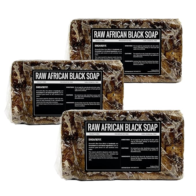 Sheanefit Raw African Black Soap Bar - For All Skin Types - Face, Body, Hair Soap Bulk Bars (15 Ounce (Pack of 3))