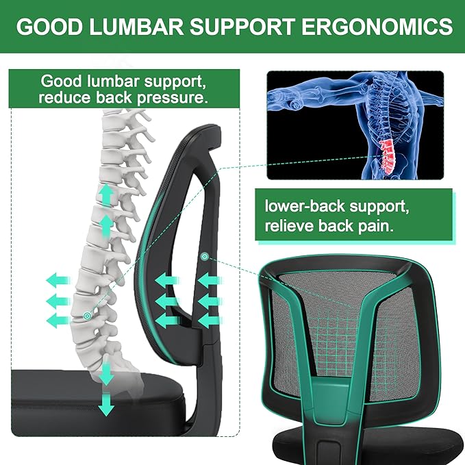 Swivel Armless Desk Office Chair Without Arms Adjustable Height and Lumbar Support for Home
