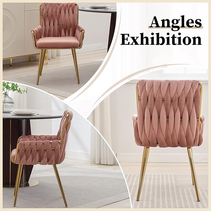 ABET Office Desk Chair No Wheels, Woven Velvet Vanity Chair with Back & Armrest, Comfy Upholstered Cute Gold Metal Legs Makeup Aesthetic Armchair for Girls & Women Bedroom, Nail Spa, Rose Red