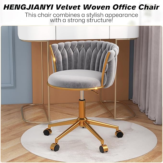 Velvet Woven Home Office Chair, Modern Swivel Desk Chair with Wheels, Height Adjustable Vanity Chair with Gold Metal Base and Hand Weaving Back for Bedroom Study Small Space, Gray