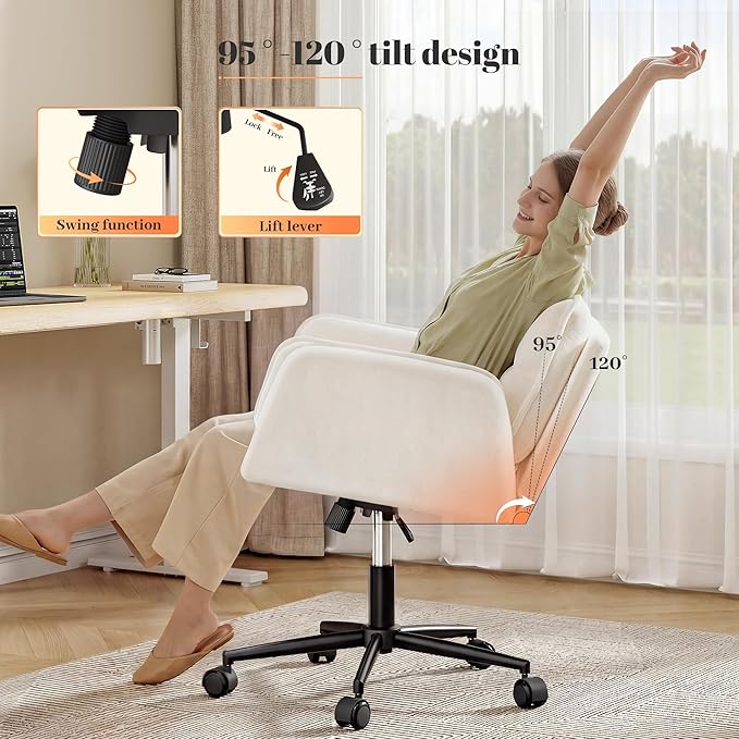 Criss Cross Chair with Wheels, Plush Fleece Vanity Chair with Adjustable Armrests, Ergonomic Office Chair for Bedroom, Makeup Room and Office Room, White