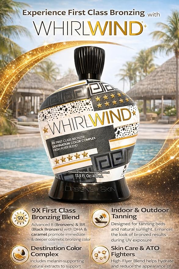 Designer Skin Whirlwind 9X First Class Bronzer Tanning Bed Lotion – Indoor & Outdoor Use, For Tanning Beds & Sun, Tahiti Plum, 13.5 oz
