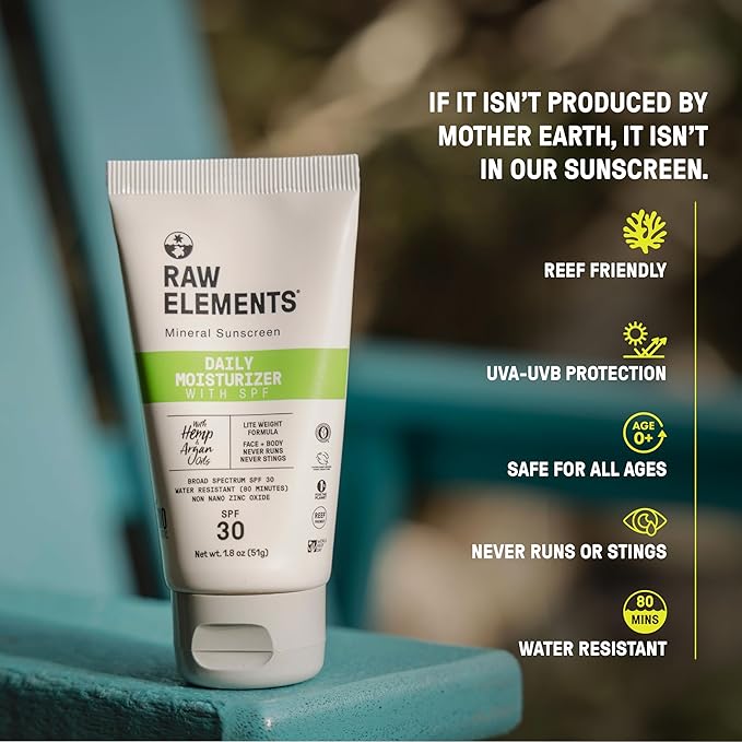 Raw Elements Daily Lifestyle Moisturizer Bio-Resin Tube - SPF 30, UVA-UVB Protection, Non-Nano Zinc, Reef-Safe, Water Resistant, 1.8 oz 2PK