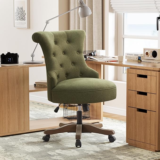 HUIMO Home Office Chair Upholstered Armless Desk Chair with Wheels Adjustable Height Computer Desk Chair with Wooden Legs Comfortable Swivel Chair for Home Office Study Studio (Green)