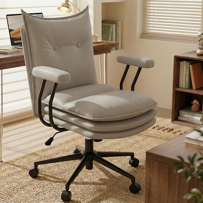 Grey Office Chair with Triple-Layers Thicken Wide Seat, Mid Back Leather Desk Chair with Wheels and Arms, Mid-Century Modern Computer Chair for Home Office