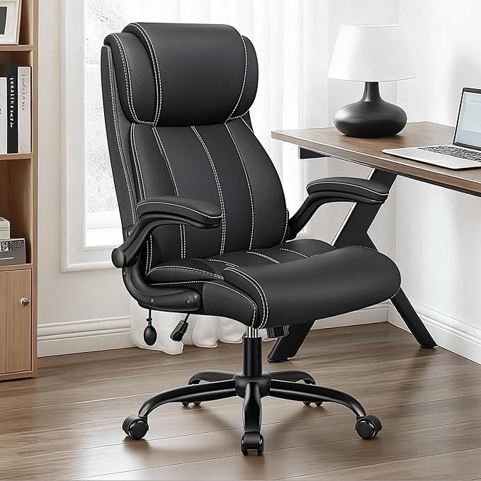 Ergonomic Office Chair - Desk Computer Chair, Leather High Back Executive Chairs with Adjustable Lumbar Support & Flip Up Arms, Rocking, Black