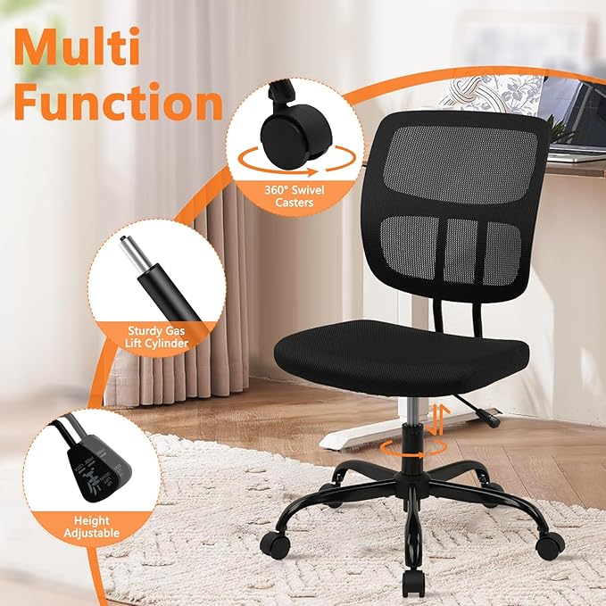 CLATINA Armless Home Office Chair, Small Ergonomic Mesh Back Desk Chair with Lumbar Support and Wheels, Adjustable Height 360° Swivel Rolling Computer Chair for Conference Waiting, Black, 8Pack