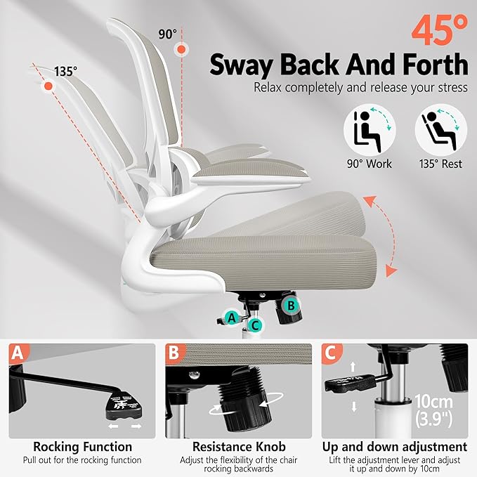 Office Chair Ergonomic Desk Chair, Breathable Mesh Comfy Chair with Lumbar Support, Computer Chair, Home Desk Chair with Flip-up Armrests, Gaming Chair for Adults Home Office (LightGray)