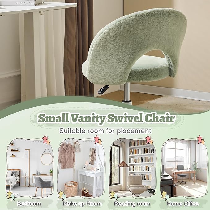 VINGLI Small Vanity Chair with Faux Fur Wheels for Girls,Cute Adjustable Height Armless Office Desk Chair,360°Swivel Comfy Rolling for Study,Make up Room,Small Space,Mint Green