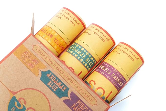 Colorful Zinc Sunscreen Sticks • All Natural • Non-Toxic • Reef Safe • Non-Staining • Plastic-Free Packaging, yellow, blue, and purple