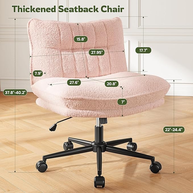 Criss Cross Chair with Wheels, 7" Extra Thick Cross Legged Office Chair, Height Adjustable Swivel Design for Home Office, Study & Vanity,Pink