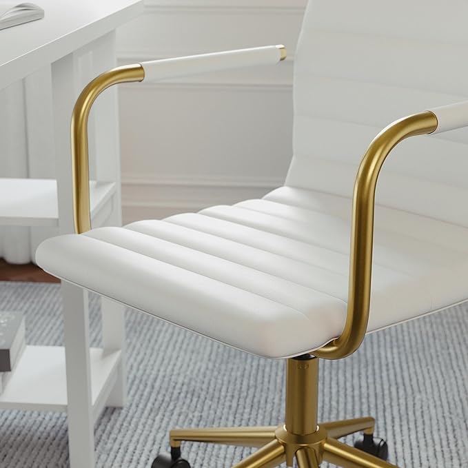 Martha Stewart Taytum Swivel Task Chair with Armrests for Home Office in White Faux Leather with Polished Brass Frame