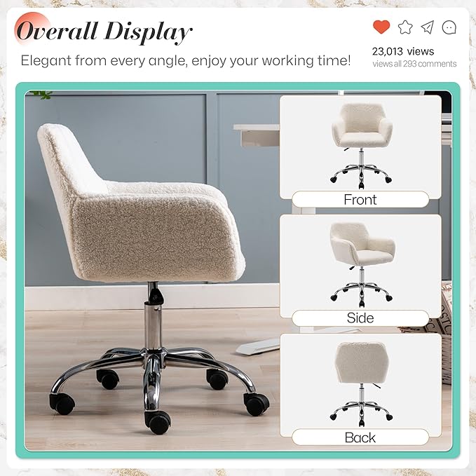 Faux Fur 360°Swivel Desk Chair, Height Adjustable Home Office Armchair with Slivery Base for Teens Women Girls, Upholstery Computer Chair for Home Studios, Sherpa & White
