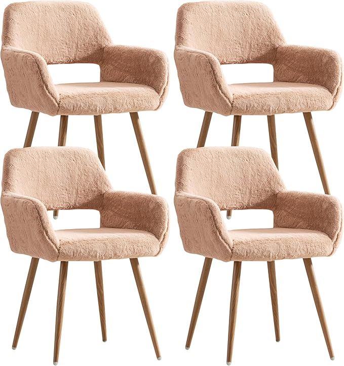 Furry Desk Chair Set of 4, Modern Home Office Chair Without Wheels, Faux Fur Vanity Chair with Hollow Backrest, Comfy Armchair Wood Frame with Strudy Metal Legs, Camel
