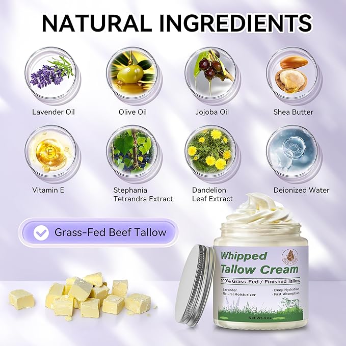 Beef Tallow for Skin, Organic Tallow Face Moisturizer, Whipped Grass Fed Beef Tallow Balm Cream for Skin Care Face Body, Deep Hydrate and Nourish Dry Skin, Lavender - 4 oz