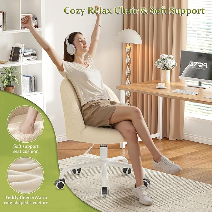 Vanity Chair with Back, Cute Desk Chair with Wheels, Armless Office Chair Height Adjustable, Soft Lumbar Support for Small Space, Bedroom, Light Yellow