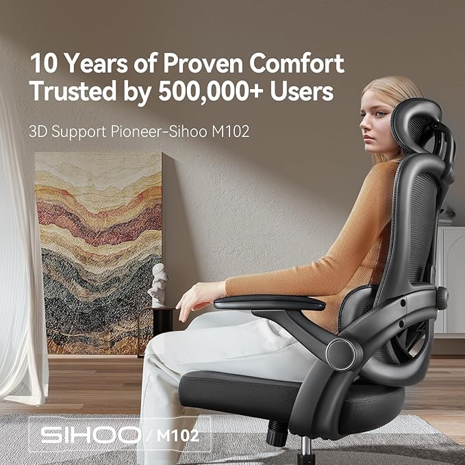SIHOO Ergonomic Office Chair, Office Chair with Up&Down Lumbar, High Back Home Desk Chair with 3D Armrests, Computer Chair with Adjustable 2D Headrest, Tilt Function Black