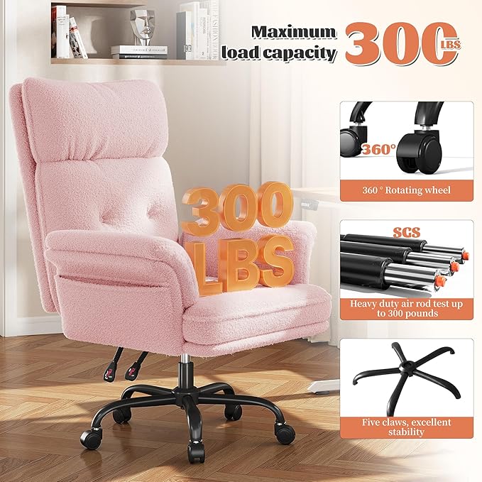 Big and Tall Office Chair with Adjustable Armrests & Wheels，145° Reclining Desk Chair Comfy,Pink Vanity Chair for Home,Office,Bedroom,Teddy Plush