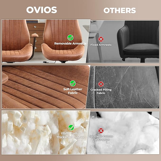 ovios Ergonomic Office Chair, High Back Faux Leather Executive Chairs with Armrests, Comfy Mid-Century Modern Swivel Rolling Computer Armchair (Brown, Suede Leather)