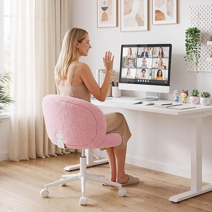 Small Round Vanity Chair, Armless Home Office Desk Chairs with Back, Height Adjustable & 360° Swivel, Cute Comfy Vanity Computer Chair for Bedroom, Home Office, Pink