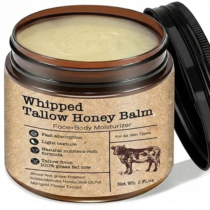 Beef Tallow Honey Balm for Sensitive Skin:100% Organic Grass-Fed Vintage Tallow Moisturizer For Face Cracked Hands Non-Greasy Nourishing Cream With Olive Oil - Eczema Safe All Skin Types 2 oz (Honey)